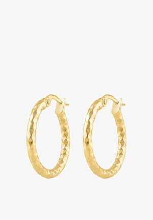 Gold-colored, textured hoop earrings featuring a hammered design with a secure clasp. Circular shape, medium size, polished finish.
