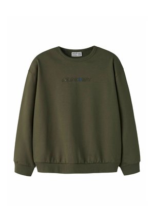Sweat-shirt vert olive à manches longues avec "ACADEMY" brodé en lettres foncées assorties sur la poitrine.