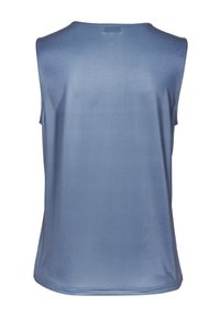 Blaues ärmelloses Oberteil mit glatter Textur, Rundhalsausschnitt und dezentem Glanz, geradem Schnitt und ohne sichtbare Muster oder Beschläge.