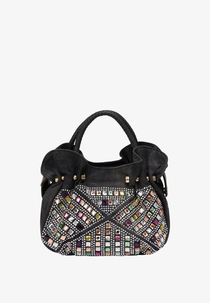 Sort håndtaske med samlet top, prydet med flerfarvede geometriske nitter og rhinsten, med flet-håndtag og guldfarvede detaljer.