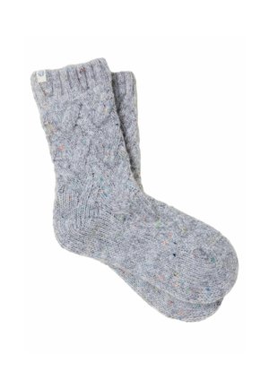 Paar graue gestrickte Wollsocken mit einem gerippten Bündchen und dezenten mehrfarbigen Sprenkeln im Gewebe.