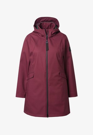 Manteau imperméable bordeaux avec capuche, doté d'une fermeture éclair à l'avant, de deux poches latérales et d'un tissu lisse et durable avec une coupe moderne.
