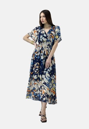 Luftiges navy blaues Kleid mit floralem Muster in Orange und Creme. Hat kurze Ärmel, eine taillierte Taille und einen vollen, knöchellangen Rock.