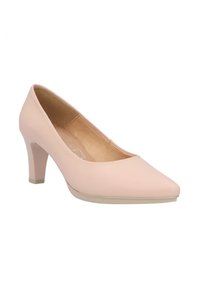 Zapato de tacón alto de cuero rosa con puntera puntiaguda, interior texturizado y un tacón moderado, que presenta un acabado suave y un diseño sencillo.