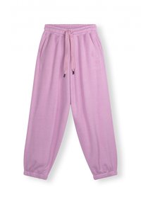 Lichtroze joggingsbroek met een elastische tailleband, trekkoord en geribbelde boorden. Gemaakt van zachte stof, met zijzakken en een klein logo-detail.