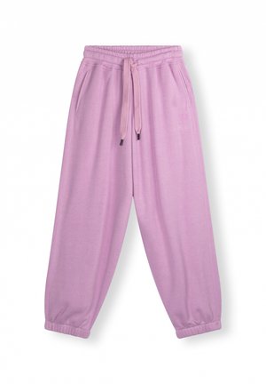 Lichtroze joggingsbroek met een elastische tailleband, trekkoord en geribbelde boorden. Gemaakt van zachte stof, met zijzakken en een klein logo-detail.
