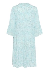 Ljusblommig klänning med en flytande design, trekvarts trumpetärmar, textil med en delikat struktur, midjelång längd.