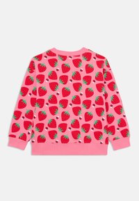 Pink sweatshirt featuring a repetitive strawberry pattern with green leaves; soft texture and elastic cuffs at the sleeves and hem.