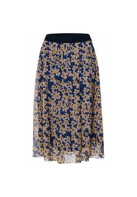 Gonna midi floreale con base blu navy, decorata con fiori gialli e rosa chiaro. Vita elastica, design fluido e texture trasparente.