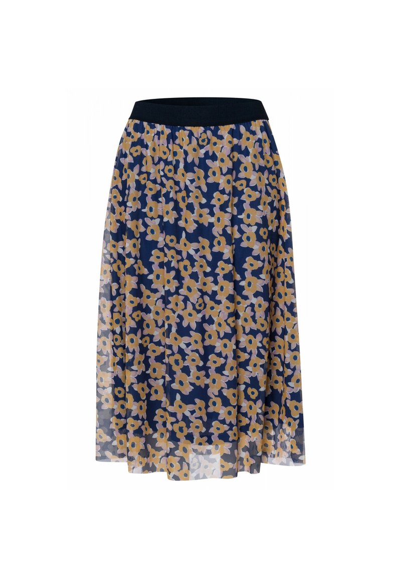 Gonna midi floreale con base blu navy, decorata con fiori gialli e rosa chiaro. Vita elastica, design fluido e texture trasparente.