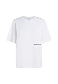 Hvid bomulds t-shirt, korte ærmer, rund halsudskæring, med sort logo på venstre bryst, almindelig pasform, glat tekstur.