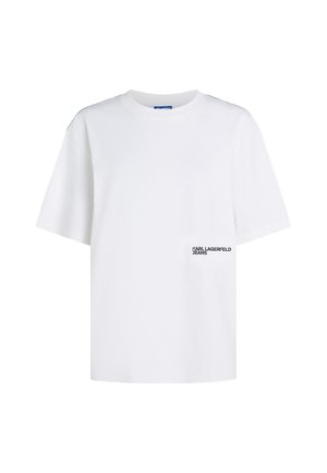 Bela bombažna majica, kratki rokavi, okrogli izrez, s črnim logotipom na levi prsi, redna slim fit, gladka tekstura.