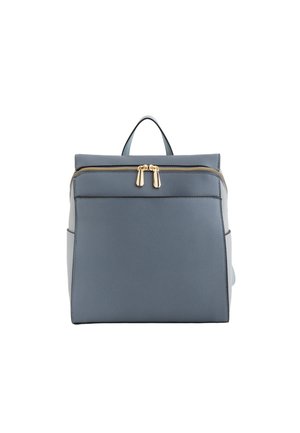 Rucsac din pielă gri cu fermoar aurit, design structurat, mânere de sus și buzunare laterale. Prezintă o textură netedă și accente simple.