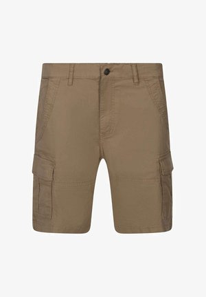 Shorts cargo en khaki, fabriqués en tissu léger, avec deux poches latérales et deux poches cargo sur les cuisses extérieures, fermés par un bouton.