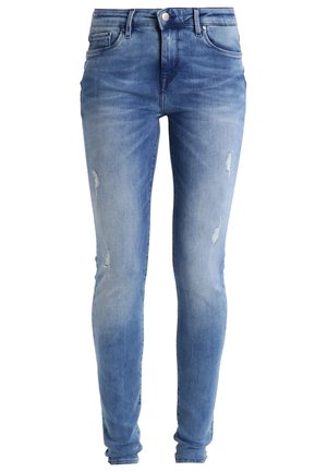Light blue denim skinny jeans with a mid-rise waist and slight distressing at the knees. Smooth texture with a fitted silhouette.