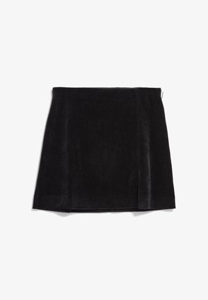 Black corduroy skirt with a straight silhouette, subtle sheen, and a side slit. Features a zipper closure and a smooth texture.