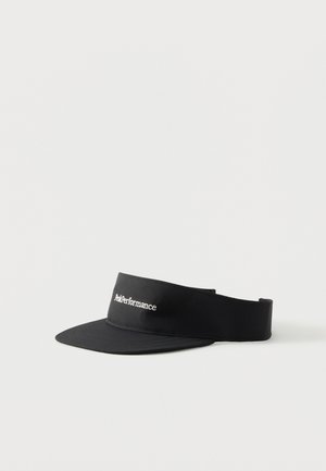 Black fabric sports visor with curved brim and white "Peak Performance" logo embroidered on front band.