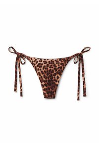 Bikiniunderdel med leopardmönster och justerbara knytband på sidorna, med en texturerad tygkvalitet och livliga kontraster i brunt och tan.