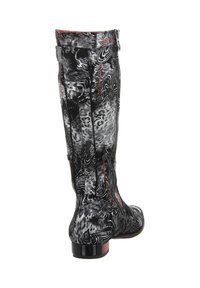 Knee-high black and gray patterned boots featuring a textured surface, red stitching, and a low glossy heel with side zip closure.