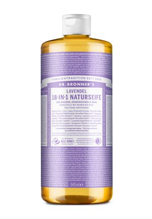 Dr. Bronner's Lavender 18-in-1 natural soap in a yellow bottle with purple label, listing ingredients and product uses in German.