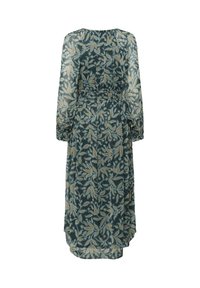 Pitkä vihreä mekko, jossa on beige ja vaaleansininen lehtikuvio, pitkät läpinäkyvät hihat, kapea vyötärö ja kerätyt hihansuut, kuvattuna takaa.