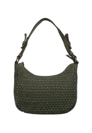 Dunkelgrüne Handtasche mit gewebter Textur vorne, gebogenem oberen Reißverschluss und verstellbarem Schulterriemen mit Schnallendetails.