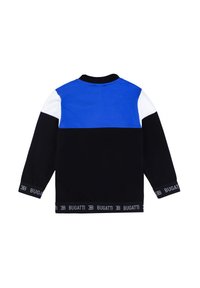 Felpa color block blu, nera e bianca con maniche lunghe e collo rotondo, caratterizzata da un orlo elastico e polsini con marchio.