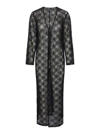 Kimono lungo in pizzo nero con motivo floreale, davanti aperto e maniche lunghe. Presenta una chiusura a legaccio al collo e un tessuto trasparente e testurizzato.