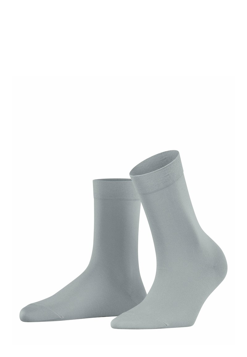 Gray ankle socks with ribbed cuffs, smooth texture, medium thickness, and no patterns or embellishments, suitable for casual wear.