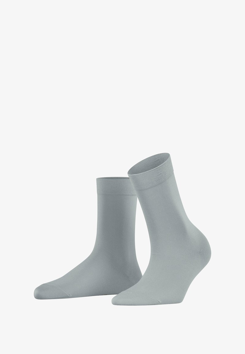 Gray ankle socks with ribbed cuffs, smooth texture, medium thickness, and no patterns or embellishments, suitable for casual wear.