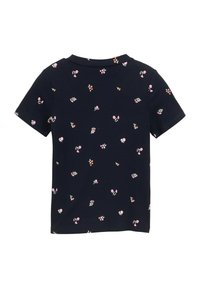 Marine t-shirt met korte mouwen, geribbelde textuur, met een verspreide bloemenprint in roze en oranje op de achterkant. Ronde halslijn.