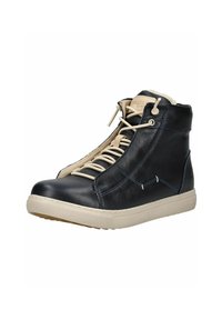 Zapatillas altas de piel azul marino con cordones beige, forro de piel suave y suela de goma blanca. Presentan costuras en contraste y paneles texturizados.