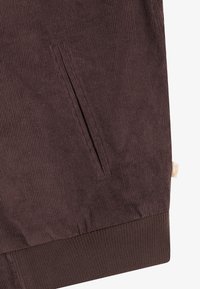 Brown corduroy pants with vertical ribbing, featuring a side pocket and a ribbed cuff at the ankle. Subtle brand label on the side.