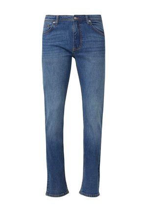 Niebieskie dżinsy o prostych nogawkach z klasycznym wzorem pięciu kieszeni i zapięciem na guzik.