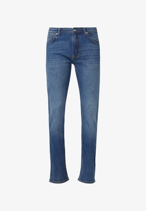 Niebieskie dżinsy o prostych nogawkach z klasycznym wzorem pięciu kieszeni i zapięciem na guzik.