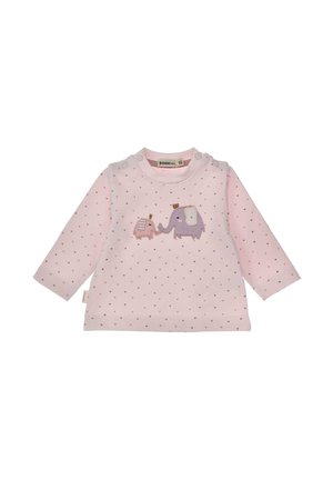 Maglietta rosa baby a maniche lunghe con piccoli cuori multicolori e due elefanti ricamati che si tengono le proboscidi sul davanti.