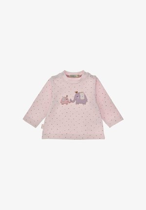 Maglietta rosa baby a maniche lunghe con piccoli cuori multicolori e due elefanti ricamati che si tengono le proboscidi sul davanti.