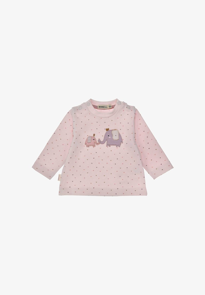 T-shirt bébé rose à manches longues avec petits cœurs multicolores et deux éléphants brodés tenant leurs trompes sur le devant.