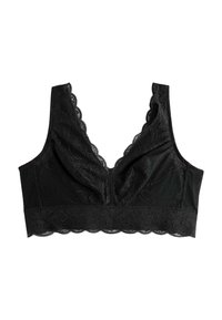 Schwarzer Spitzen-Bralette mit tiefem Ausschnitt, gewellten Kanten, floralen Mustern und einem strukturierten Rückenband. Weiches, dehnbares Material.