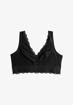 Musta pitsinen bralette, jossa on syvä pääntie, koverat reunat, kukkakuviot ja teksturoitu takaosa. Pehmeä, joustava materiaali.