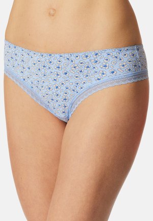 Light blue cotton briefs with a floral pattern, lace trim, and a smooth texture. The waistband features scalloped edges.