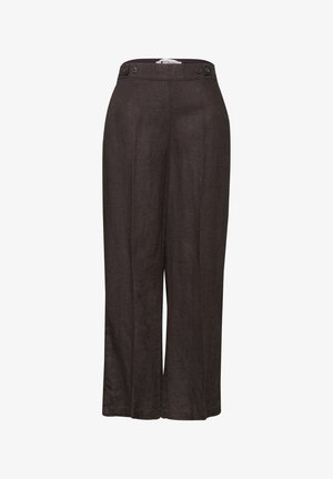 Hoch taillierte, weit geschnittene dunkelbraune Leinenhose mit Knopfdetails am Bund, vorderer Naht und verkürzter Länge.