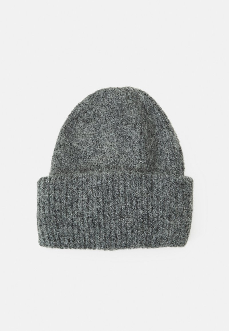 Gray knitted beanie hat with a ribbed texture, featuring a folded brim and a soft, fuzzy finish.