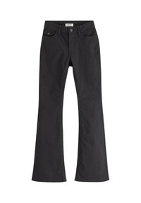 Svarta utsvängda jeans i denim med midja som slutar vid höfterna, femfickorsdesign och knappstängning. Enkla sömmar längs kanterna.