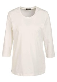 Witte katoenen shirt met driekwart mouwen, ronde halslijn versierd met subtiele kralen details en een ontspannen pasvorm. Gladde textuur.