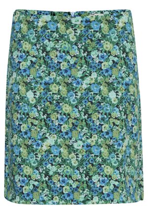 Jupe mini florale avec un fond sombre ornée d'un motif de fleurs bleues, vertes et jaunes. Fabriquée en tissu léger avec une fermeture éclair.