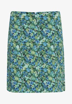 Kwiatowa mini spódniczka z ciemnym tłem w wzór niebieskich, zielonych i żółtych kwiatów. Wykonana z lekkiego materiału z zapięciem na zamek.