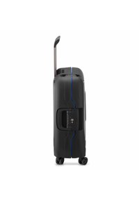Black hard-shell suitcase with blue accents, a retractable handle, four wheels, and a combination lock. Smooth texture and compact shape.
