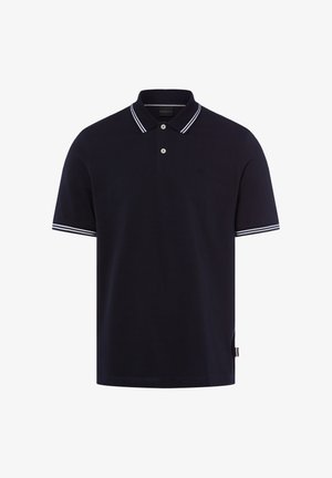 Marineblaues kurzärmeliges Polohemd mit weißen Doppelstreifen am Kragen und an den Ärmelsäumen, zweiknöpfige Knopfleiste und dezentes Brustlogo.