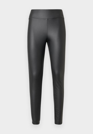 Leggings noirs fabriqués à partir d'un matériau lisse et extensible. Design ajusté avec une taille haute et une conception sans coutures. Aucun motif ou accent visible.